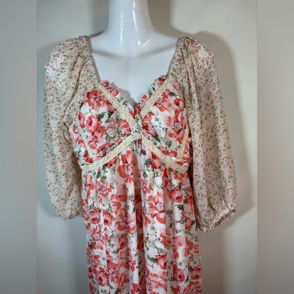 Umgee Floral Long Sleeve Maxi Dress in Coral and Cream